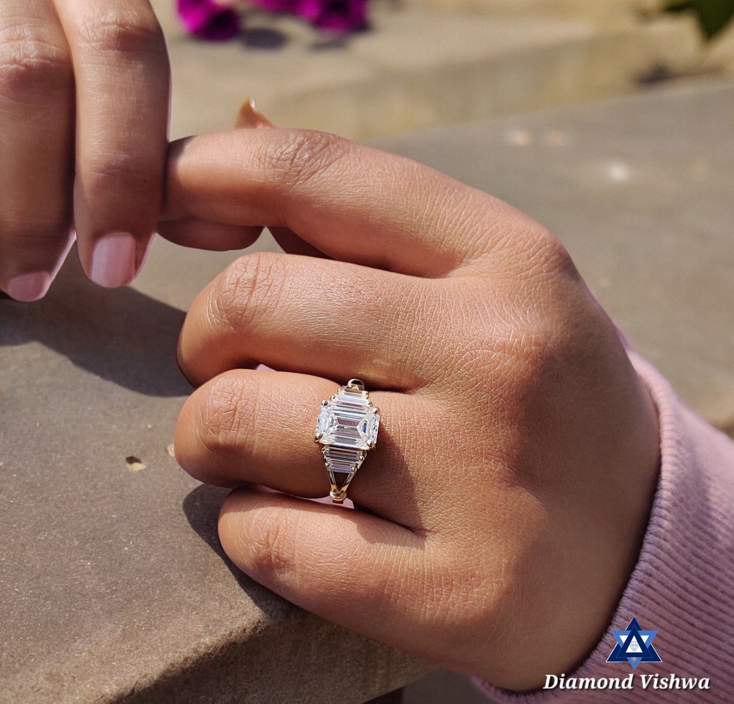 2.78 CT Vintage Emerald Cut Colorless Moissanite Engagement Ring - Split Shank Baguette