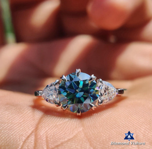 2.21 CTW Round Cyan Blue Moissanite Three Stone Engagement Wedding Ring | Trillion Cut Side Stones | Promise Bridal Jewelry for Her