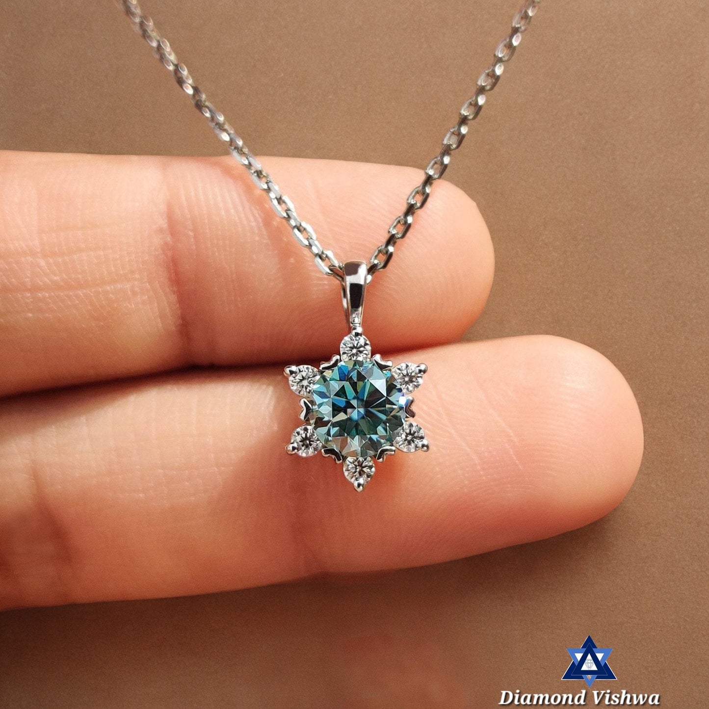 Elegant 0.83 CT Cyan Blue Round Moissanite Flower Halo Cluster Pendant - Ideal Wedding Anniversary Gift for Her