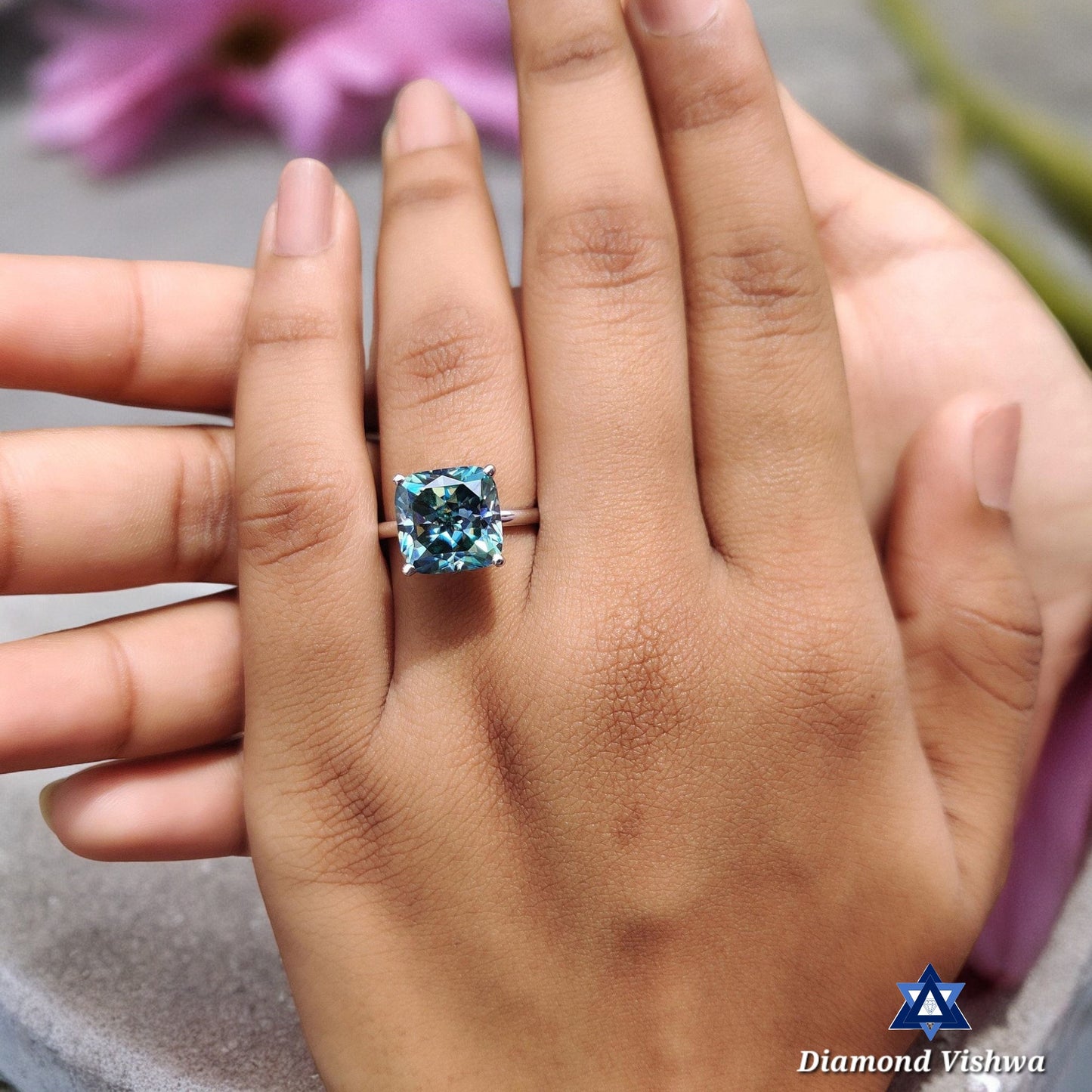 Cyan Blue 5ct Cushion Cut Moissanite Engagement Ring | Women's Wedding Solitaire | Color Moissanite Gift