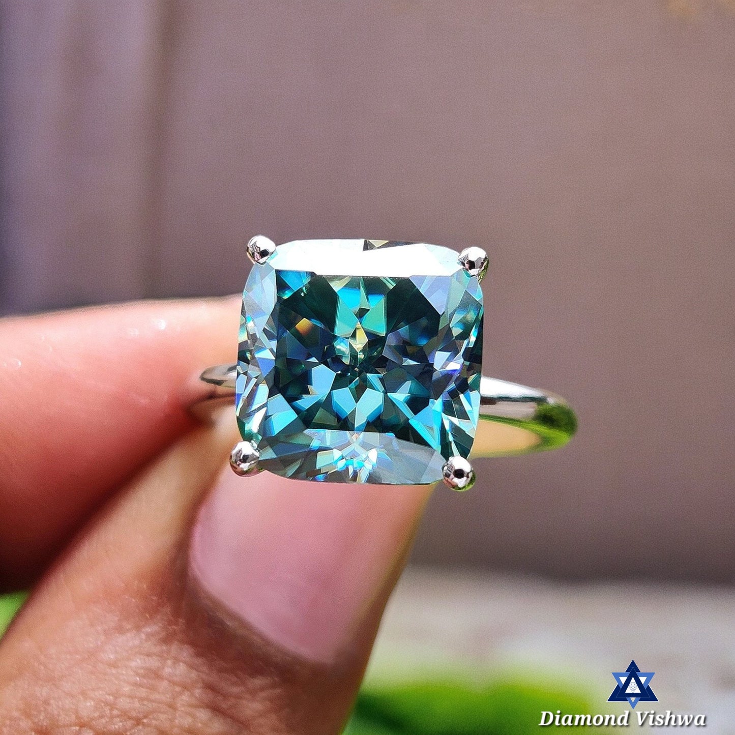 Cyan Blue 5ct Cushion Cut Moissanite Engagement Ring | Women's Wedding Solitaire | Color Moissanite Gift