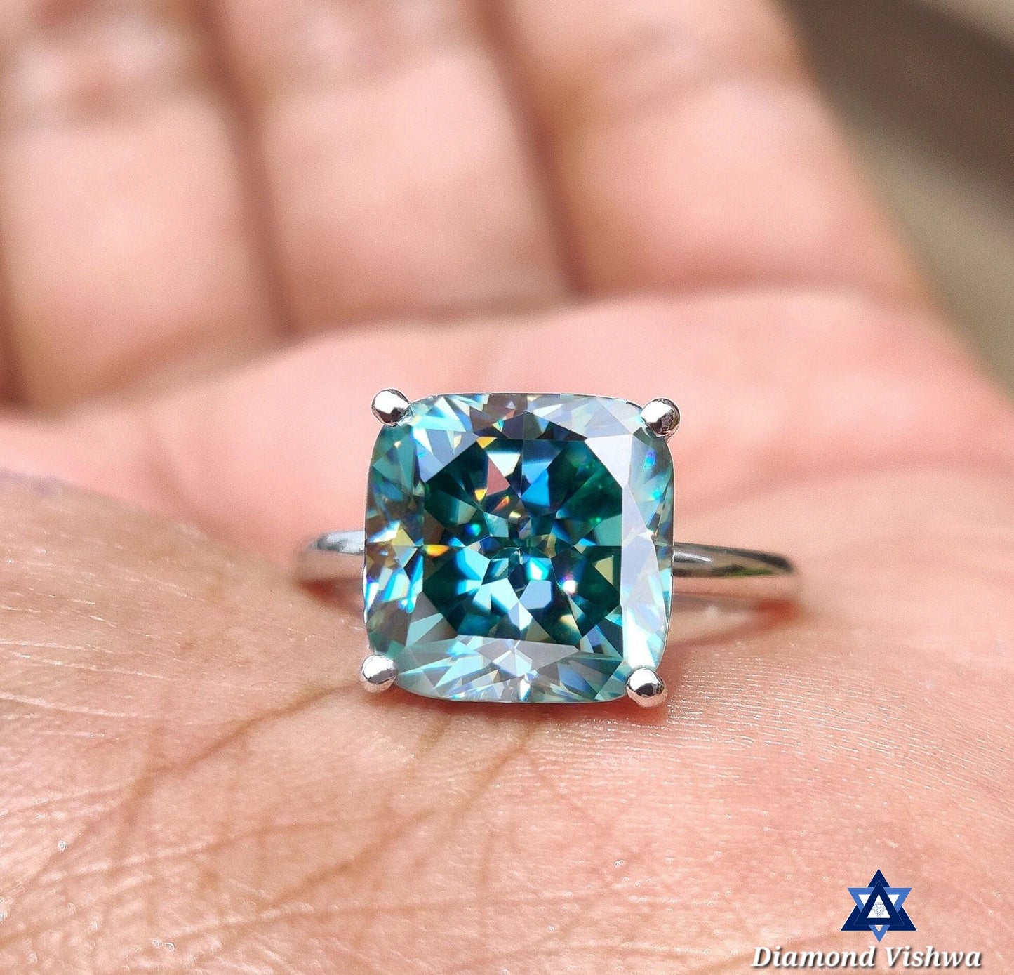 Cyan Blue 5ct Cushion Cut Moissanite Engagement Ring | Women's Wedding Solitaire | Color Moissanite Gift