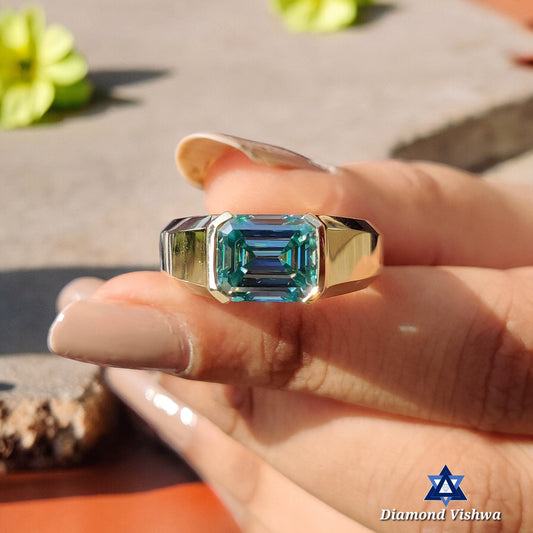 4.11 CT Emerald Blue Moissanite Half Bezel Men's Ring, Engagement Anniversary Gift