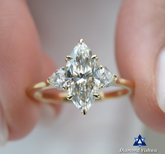 Unique Three Stone lab Grown Engagement Ring - Marquise & Heart Diamonds, Romantic Love Gift for Her, Gifts for women