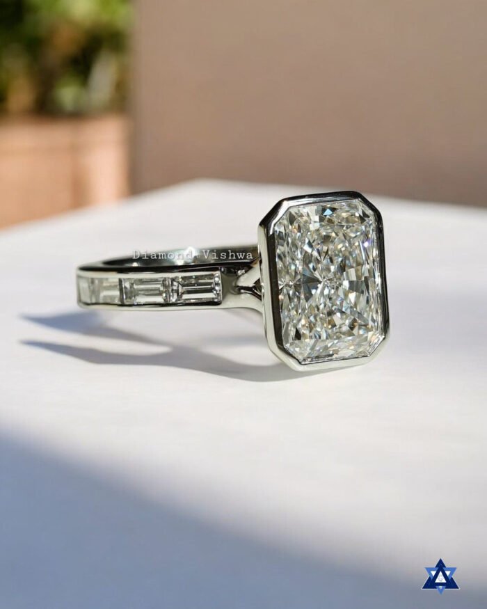 Stunning Radiant Cut Moissanite Engagement Ring Set - Bezel Set in White Gold with half Baguette channel set band, Anniversary gifts, Gifts for mom - Image 5