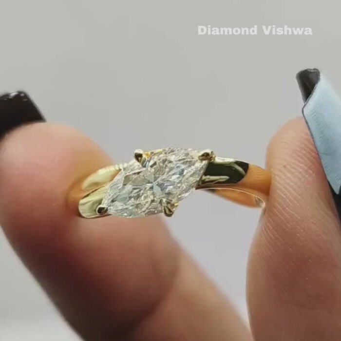 Marquise Cut Moissanite Engagement Ring with Wave Band Design - Image 7