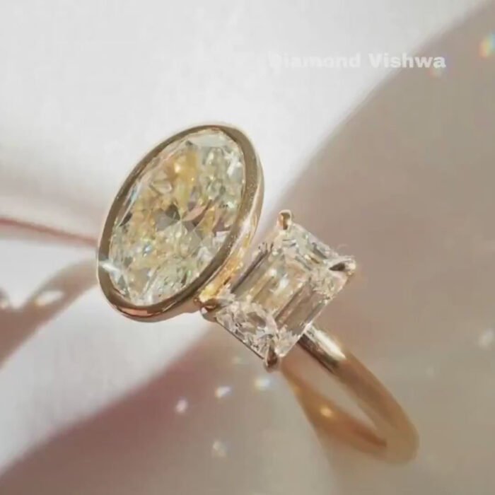 Toi Et Moi Ring 2.96 TW Oval and Emerald Moissanite Two Stone Engagement Ring Perfect Wedding or Anniversary Gifts - Image 4