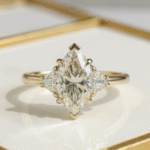 2.5Ct Marquise Cut Moissanite Three Stone Engagement Ring with Trapezoid Side Stones in 14k Gold