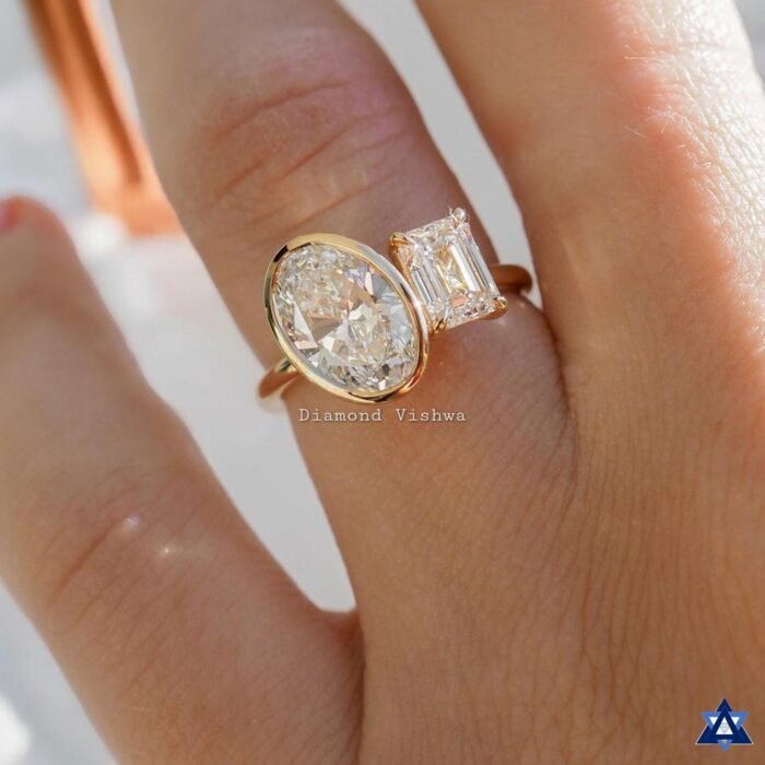 Toi Et Moi Ring 2.96 TW Oval and Emerald Moissanite Two Stone Engagement Ring Perfect Wedding or Anniversary Gifts - Image 2