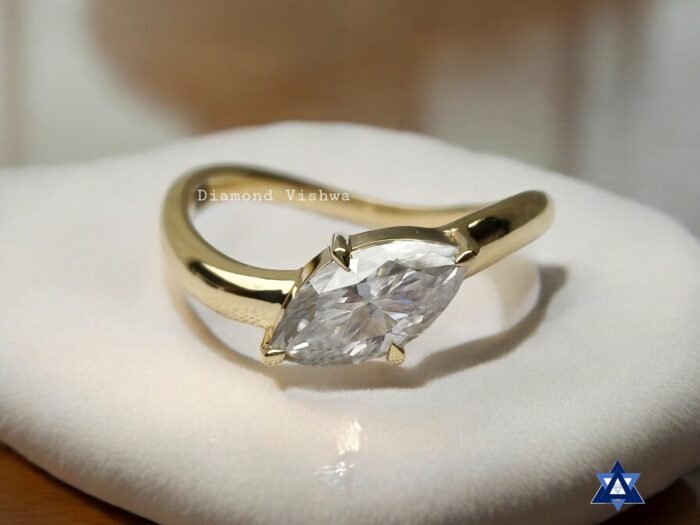 Marquise Cut Moissanite Engagement Ring with Wave Band Design - Image 4