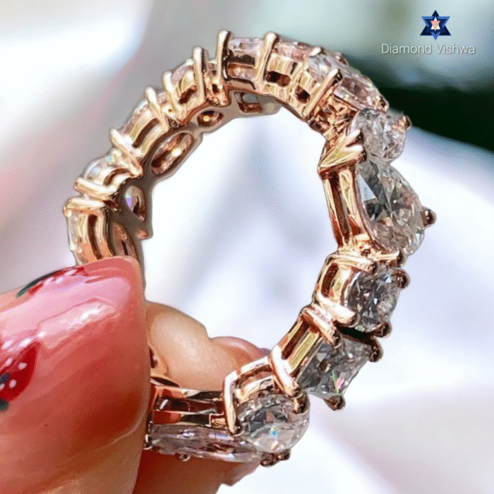 14k Gold Multi-Shape Moissanite Eternity Band - Pear, Emerald & Cushion Cut Gemstone Cluster Ring | Unique Diamond Alternative Anniversary/Wedding Ring for Her - Image 8