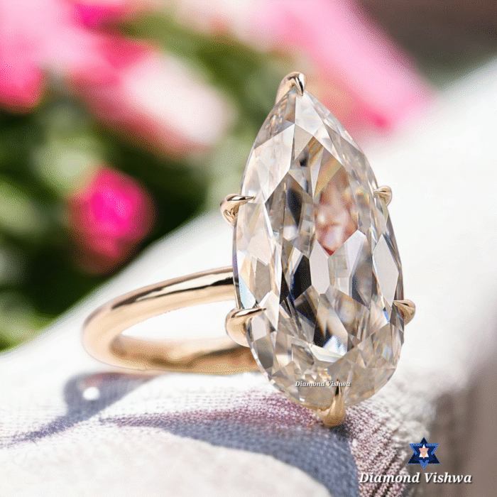 6.1ct Pear Moissanite Engagement Ring - Vintage Old Mine Cut Solitaire | Unique Solid Gold Pear Shaped Statement Ring | Large Classic Gemstone Anniversary Gift for Her - Image 6
