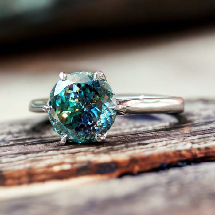 Cyan Blue Moissanite Ring - Portuguese Cut Solitaire, Engagement Ring, Perfect Proposal Gift - Image 2