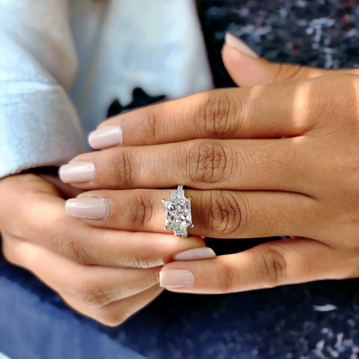 Princess Cut Moissanite Engagement Ring, Crushed Ice Three Stone, Antique Wedding Ring, Romantic Gift for Her - Image 8