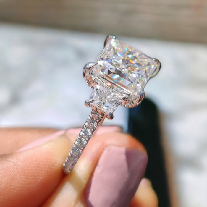 Princess Cut Moissanite Engagement Ring, Crushed Ice Three Stone, Antique Wedding Ring, Romantic Gift for Her - Image 7