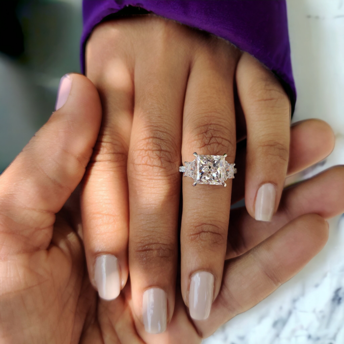 Princess Cut Moissanite Engagement Ring, Crushed Ice Three Stone, Antique Wedding Ring, Romantic Gift for Her - Image 6