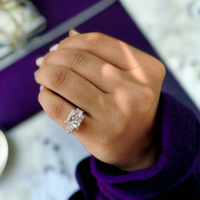 Princess Cut Moissanite Engagement Ring, Crushed Ice Three Stone, Antique Wedding Ring, Romantic Gift for Her - Image 5