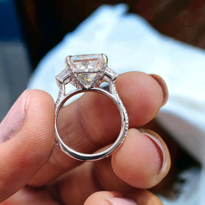 Princess Cut Moissanite Engagement Ring, Crushed Ice Three Stone, Antique Wedding Ring, Romantic Gift for Her - Image 2