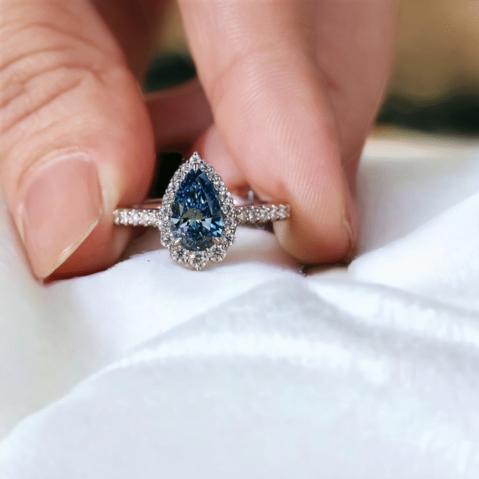 Pear Moissanite Blue Diamond Engagement Ring, Design for Women, Anniversary Wedding Ring - Image 4