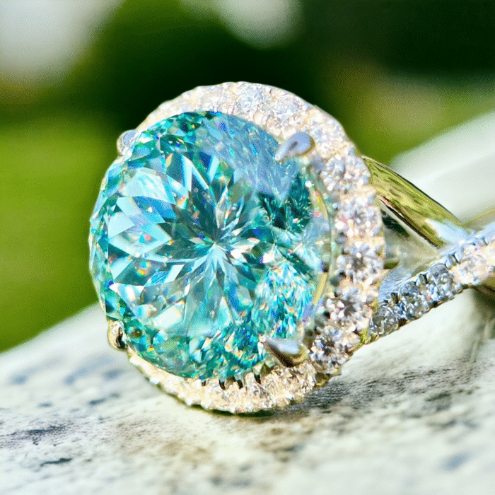 Portuguese Cut Moissanite Engagement Ring Set - 14K White Gold Halo Ring with Blue Moissanite Twist Shank Band - Image 2