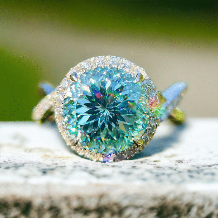 Portuguese Cut Moissanite Engagement Ring Set - 14K White Gold Halo Ring with Blue Moissanite Twist Shank Band - Image 5