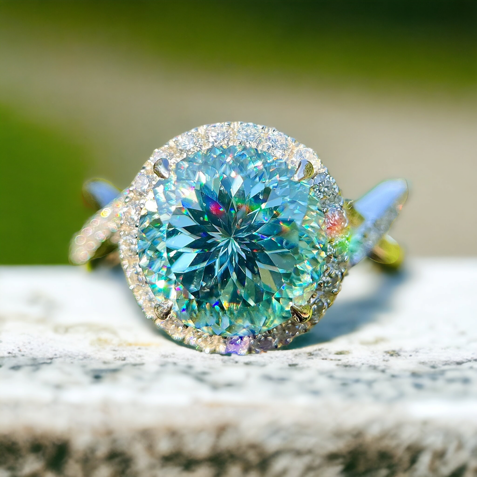 PhotoRoom-20231010_145542 Portuguese Cut Moissanite Engagement Ring Set - 14K White Gold Halo Ring with Blue Moissanite Twist Shank Band - Image 1