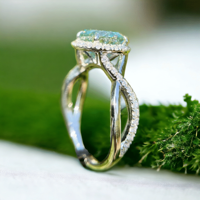 Portuguese Cut Moissanite Engagement Ring Set - 14K White Gold Halo Ring with Blue Moissanite Twist Shank Band - Image 4