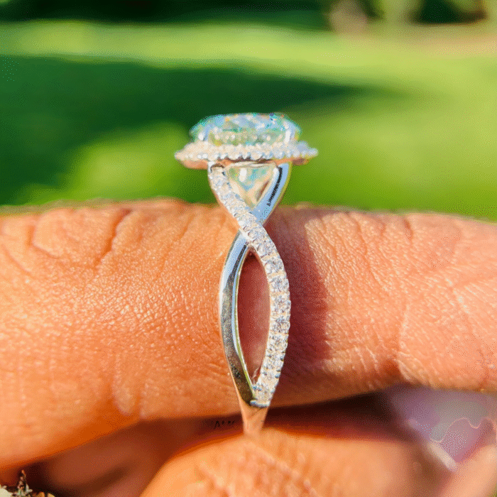 Portuguese Cut Moissanite Engagement Ring Set - 14K White Gold Halo Ring with Blue Moissanite Twist Shank Band - Image 6