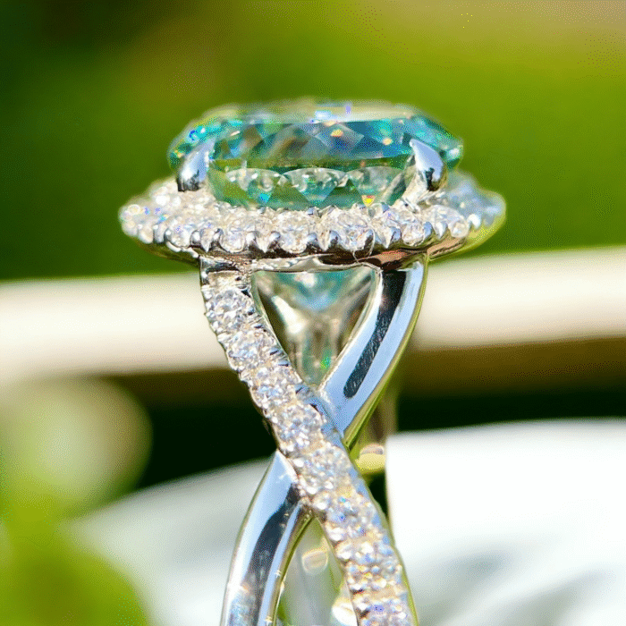 Portuguese Cut Moissanite Engagement Ring Set - 14K White Gold Halo Ring with Blue Moissanite Twist Shank Band - Image 7