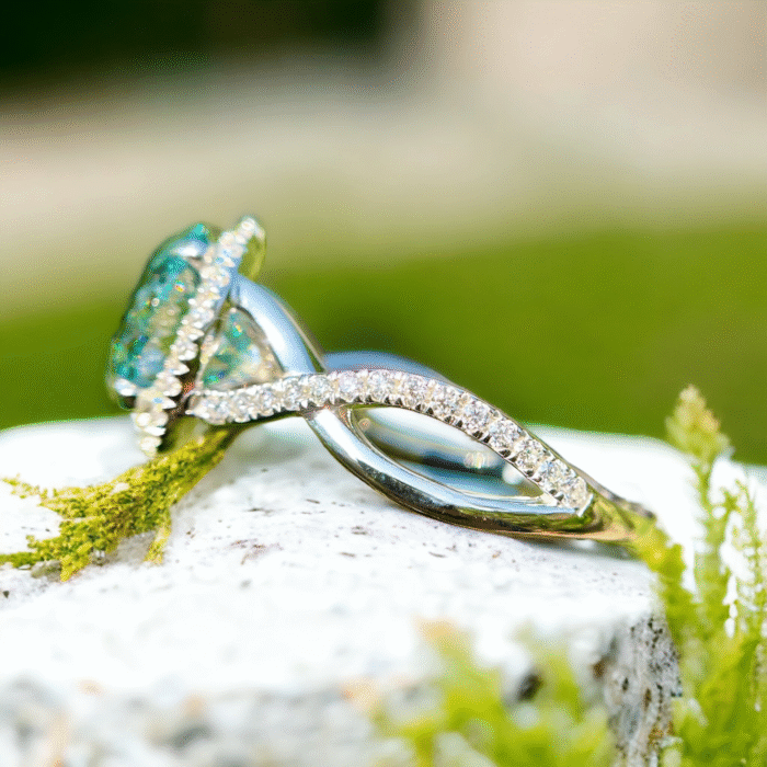 Portuguese Cut Moissanite Engagement Ring Set - 14K White Gold Halo Ring with Blue Moissanite Twist Shank Band - Image 8