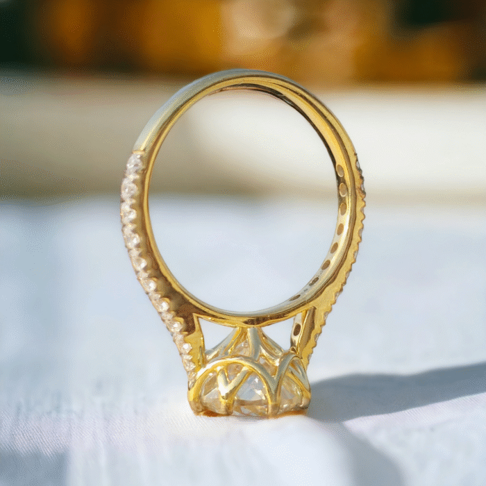 Portuguese Cut Moissanite Diamond Ring, Cathedral Style Half Pave Band, Elegant Solitaire Engagement Ring, Perfect Proposal Gift - Image 4