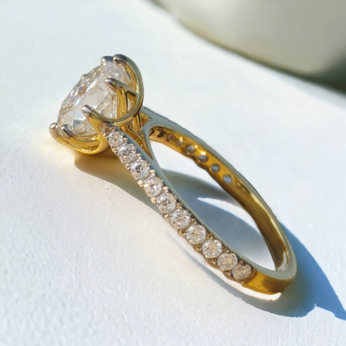 Portuguese Cut Moissanite Diamond Ring, Cathedral Style Half Pave Band, Elegant Solitaire Engagement Ring, Perfect Proposal Gift - Image 3