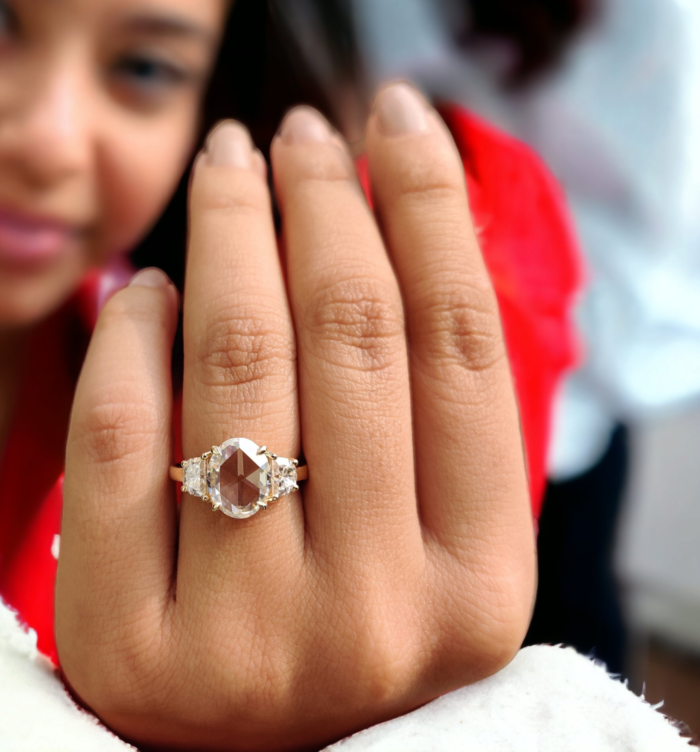 Oval Rose Cut Moissanite and Half Moon Three Stone Engagement Ring, Antique Wedding Ring, Romantic Gift for Her - Image 5