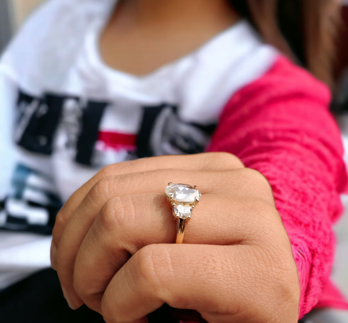 Oval Rose Cut Moissanite and Half Moon Three Stone Engagement Ring, Antique Wedding Ring, Romantic Gift for Her - Image 4