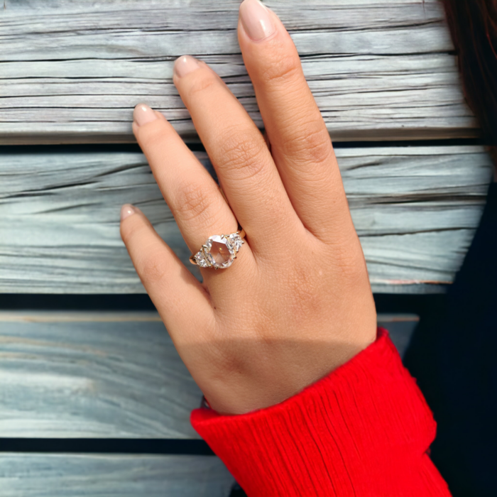 Oval Rose Cut Moissanite and Half Moon Three Stone Engagement Ring, Antique Wedding Ring, Romantic Gift for Her - Image 3