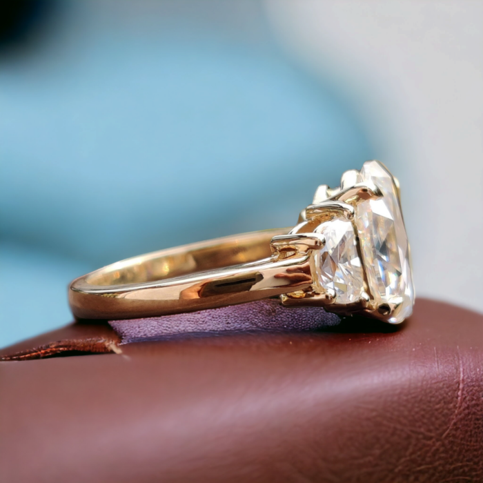Oval Rose Cut Moissanite and Half Moon Three Stone Engagement Ring, Antique Wedding Ring, Romantic Gift for Her - Image 2