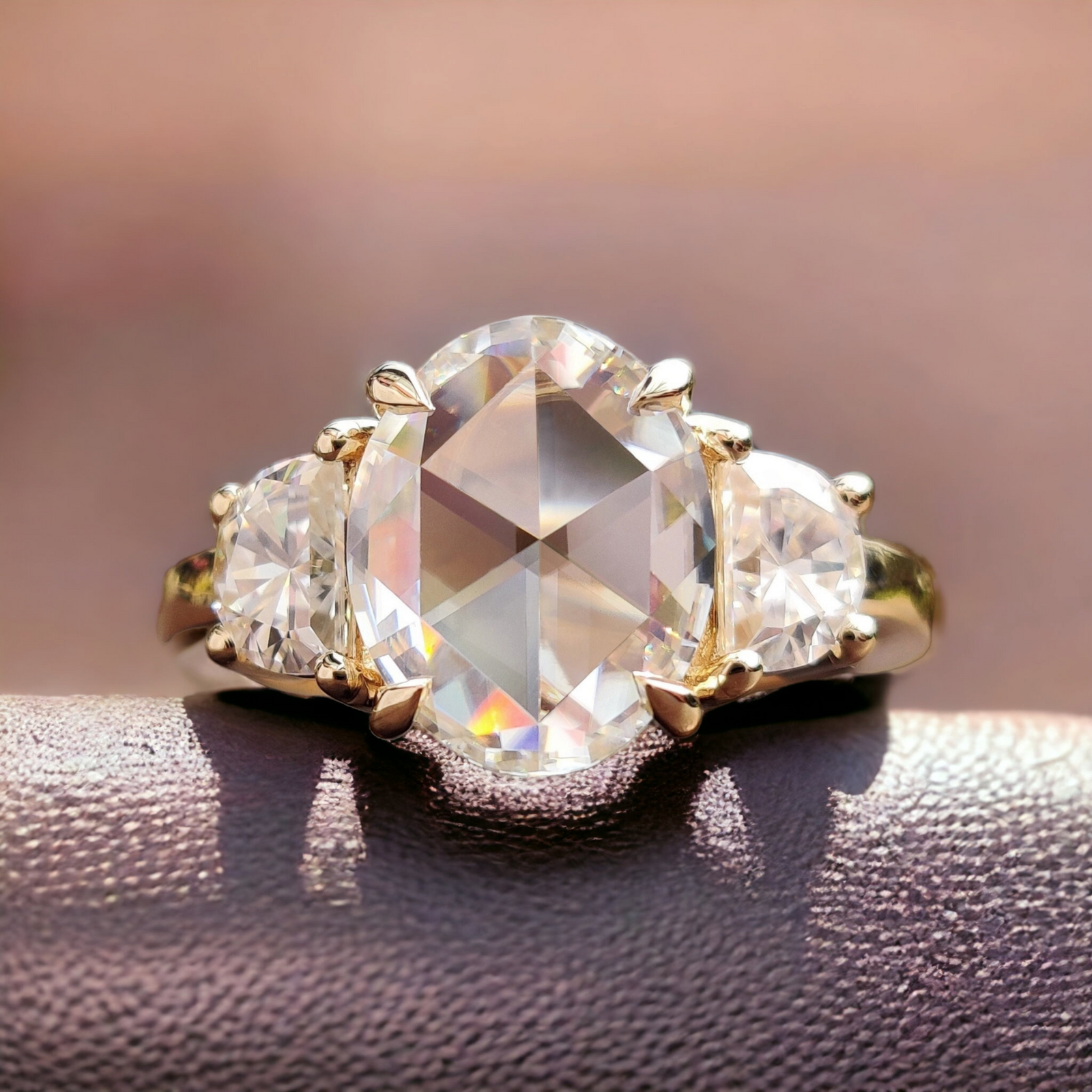 PhotoRoom-20231011_205154 Oval Rose Cut Moissanite and Half Moon Three Stone Engagement Ring, Antique Wedding Ring, Romantic Gift for Her - Image 1