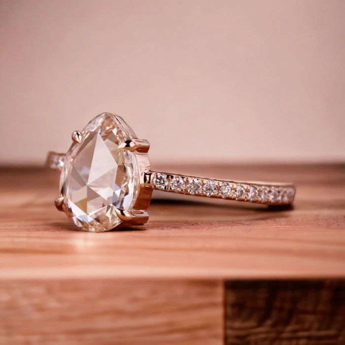 Pear Rose Cut Moissanite Diamond Pave Engagement Ring, Gifts for women - Image 2