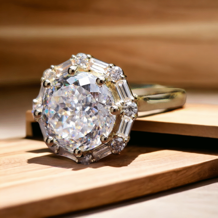 Vintage Style Engagement Ring, Portuguese Cut Moissanite Halo Ring, Baguette and Round Cut Halo Ring - Image 2