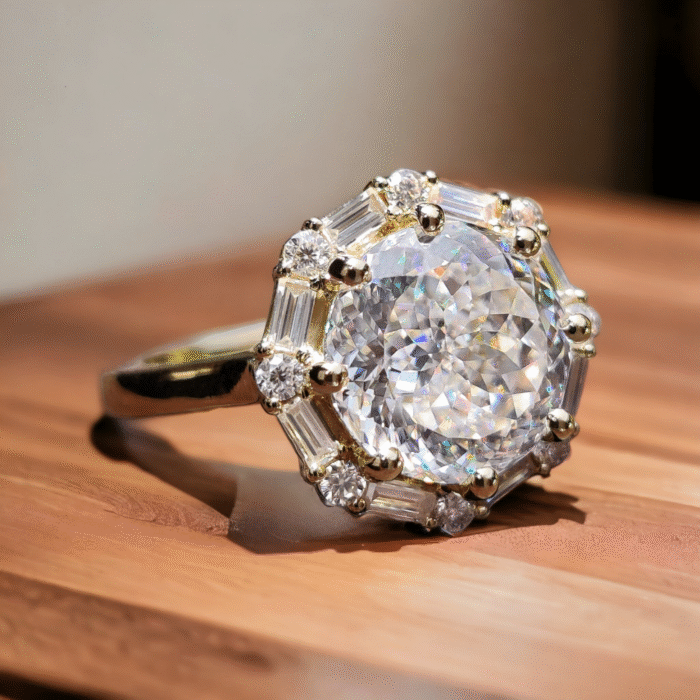 Vintage Style Engagement Ring, Portuguese Cut Moissanite Halo Ring, Baguette and Round Cut Halo Ring - Image 3