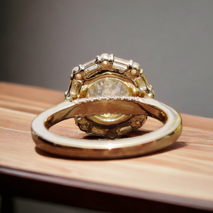 Vintage Style Engagement Ring, Portuguese Cut Moissanite Halo Ring, Baguette and Round Cut Halo Ring - Image 4