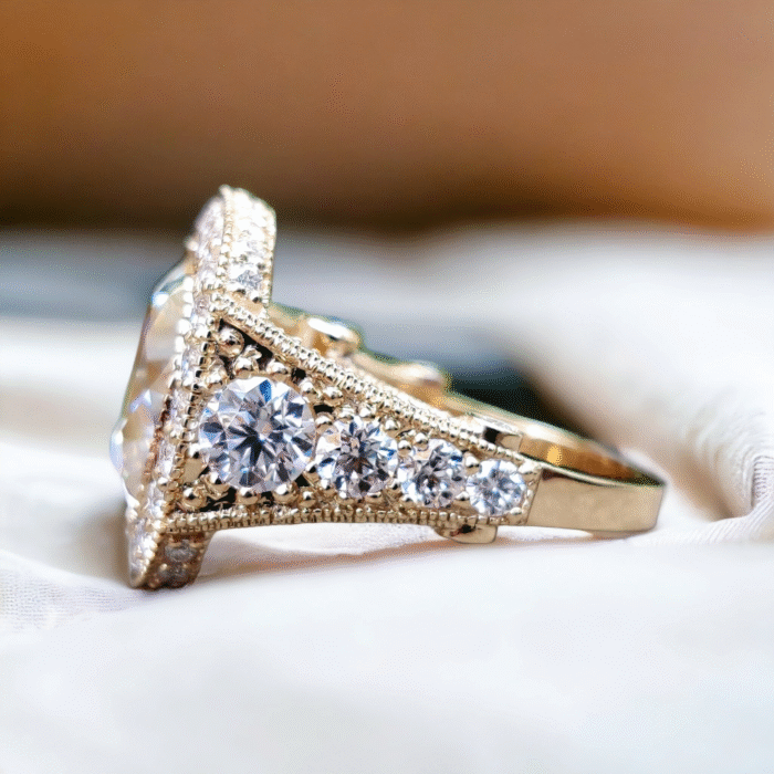 Vintage Halo Diamond Engagement Ring with Antique Cushion Cut and Crushed Ice Finish, Moissanite Ring - Image 4