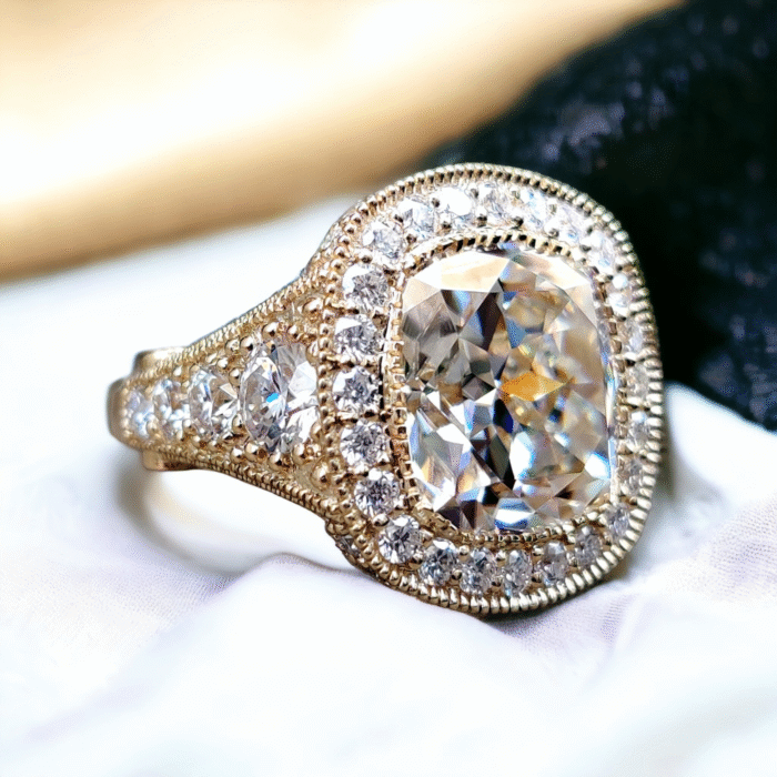 Vintage Halo Diamond Engagement Ring with Antique Cushion Cut and Crushed Ice Finish, Moissanite Ring - Image 2