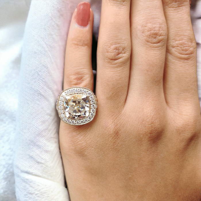 Vintage Halo Diamond Engagement Ring with Antique Cushion Cut and Crushed Ice Finish, Moissanite Ring - Image 6