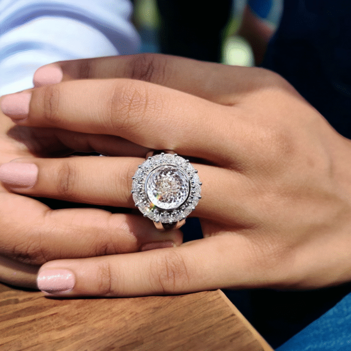 Floral Halo Trillion Cut Moissanite Engagement Ring, Portuguese Cut Bezel Set Design for Women, Anniversary Wedding Ring - Image 3