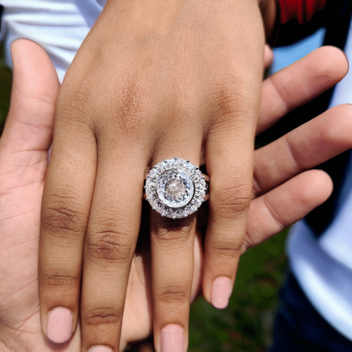 Floral Halo Trillion Cut Moissanite Engagement Ring, Portuguese Cut Bezel Set Design for Women, Anniversary Wedding Ring - Image 5