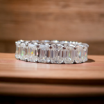 Emerald Cut Moissanite Eternity Ring with Unique Trellis Prong Setting