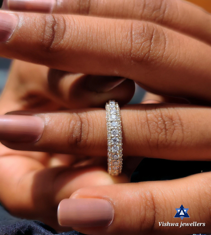 Round Colorless Moissanite Three Row Pave Eternity Wedding Anniversary Ring - Image 7