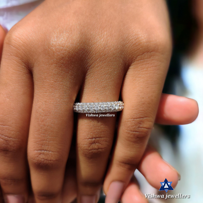 Round Colorless Moissanite Three Row Pave Eternity Wedding Anniversary Ring - Image 5