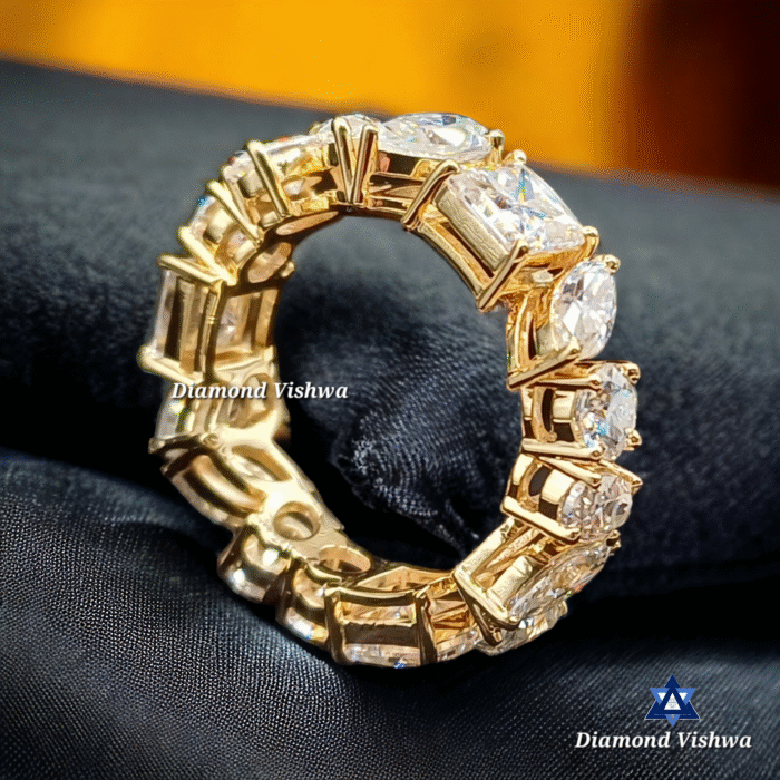 14k Gold Multi-Shape Moissanite Eternity Band - Pear, Emerald & Cushion Cut Gemstone Cluster Ring | Unique Diamond Alternative Anniversary/Wedding Ring for Her - Image 3